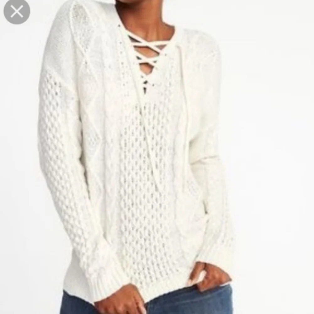 Old Navy White Cable Knit Lace Up V-neck Sweater